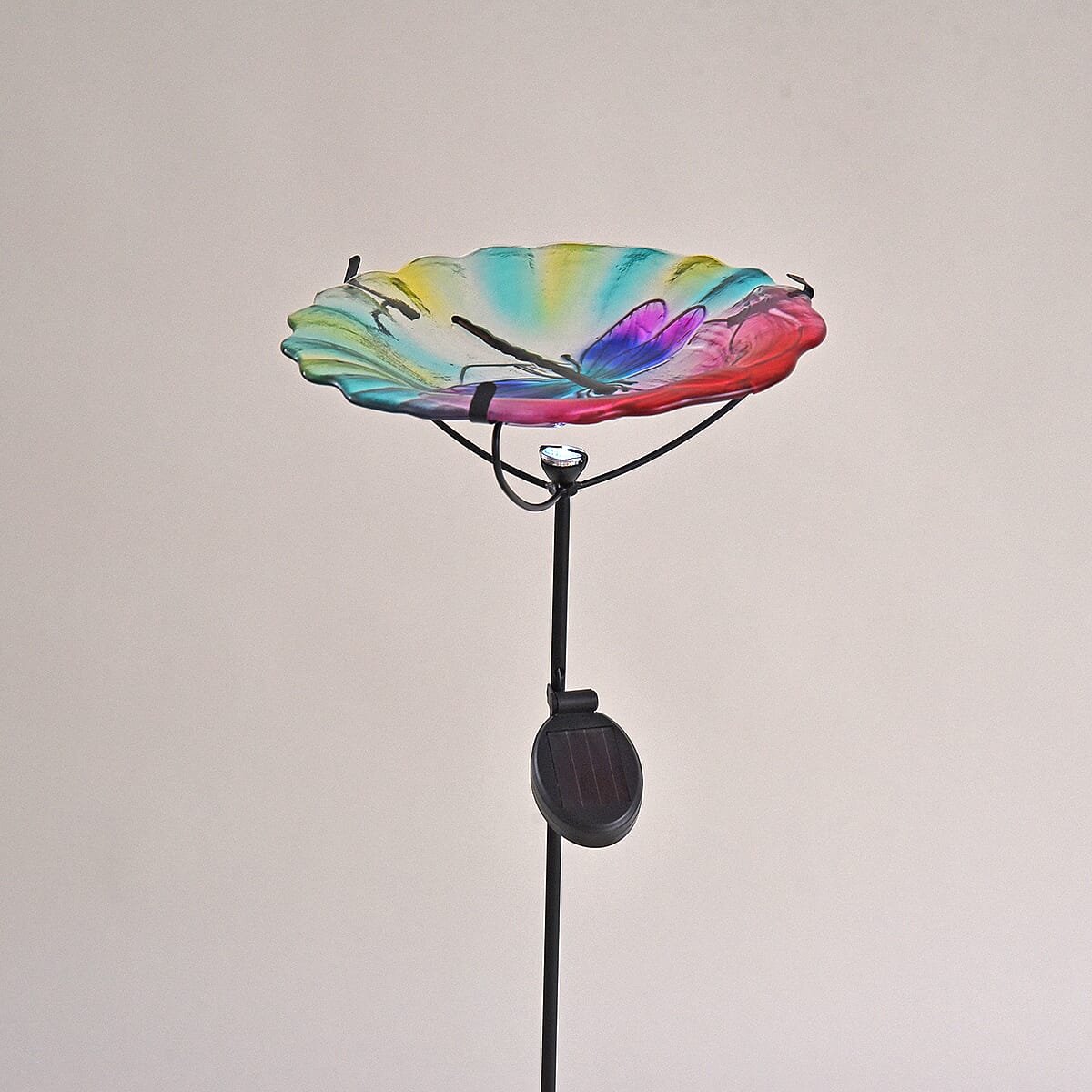 Solar Dragonfly Pattern Hand Painted Glass Bird Feeder Stake (300 mAh Battery Included) image number 1