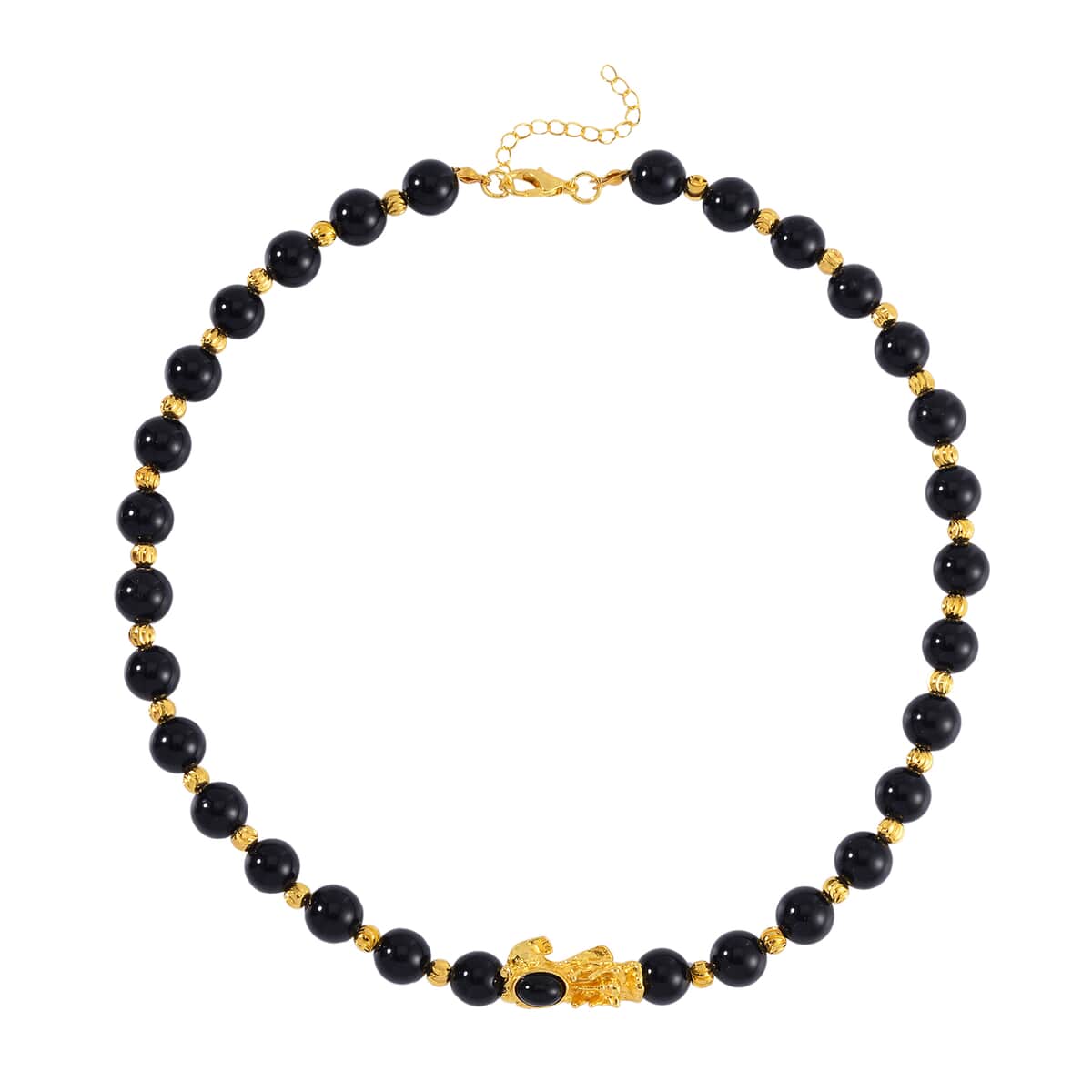 Pixiu Feng Shui Black Obsidian 9-10mm Beaded Necklace in Goldtone 18-20 Inches 258.50 ctw image number 0