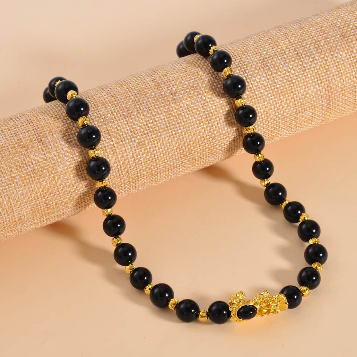 Pixiu Feng Shui Black Obsidian 9-10mm Beaded Necklace in Goldtone 18-20 Inches 258.50 ctw image number 1