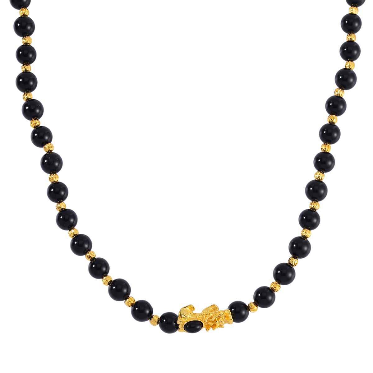 Pixiu Feng Shui Black Obsidian 9-10mm Beaded Necklace in Goldtone 18-20 Inches 258.50 ctw image number 2