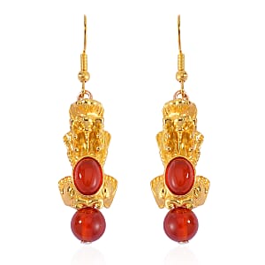 Pixiu Feng Shui Red Agate Earrings in Goldtone and ION Plated YG Stainless Steel 16.25 ctw