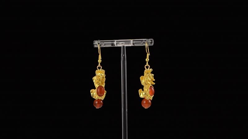 Pixiu Feng Shui Red Agate 16.25 ctw Earrings in Goldtone and ION Plated YG Stainless Steel