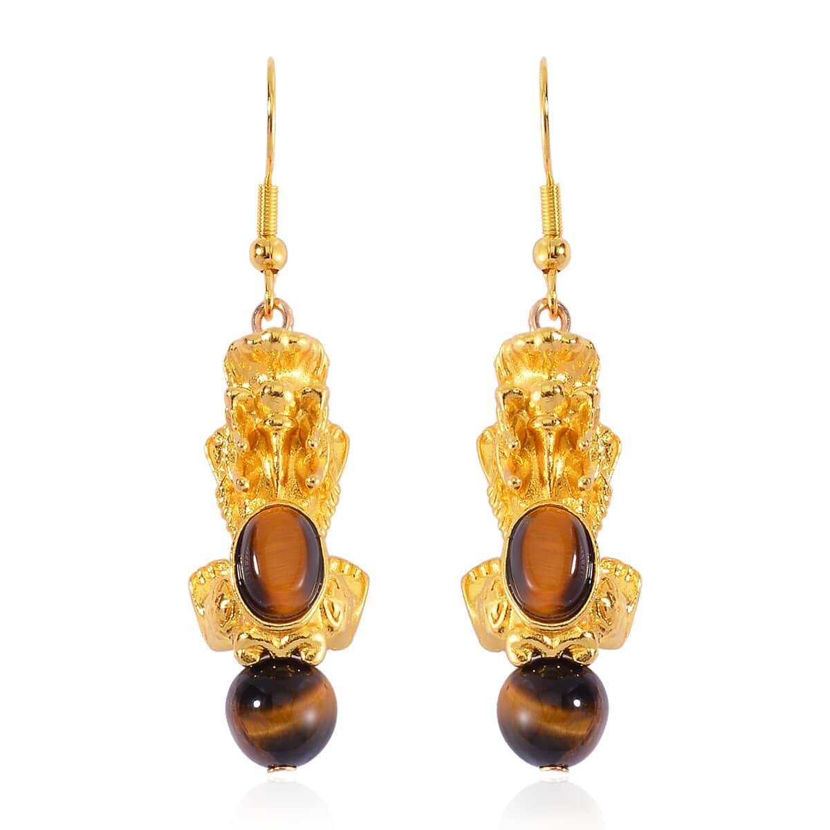 Pixiu Feng Shui Yellow Tigers Eye Earrings in Goldtone and ION Plated YG Stainless Steel 16.25 ctw image number 0