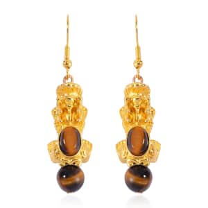 Pixiu Feng Shui Yellow Tigers Eye Earrings in Goldtone and ION Plated YG Stainless Steel 16.25 ctw