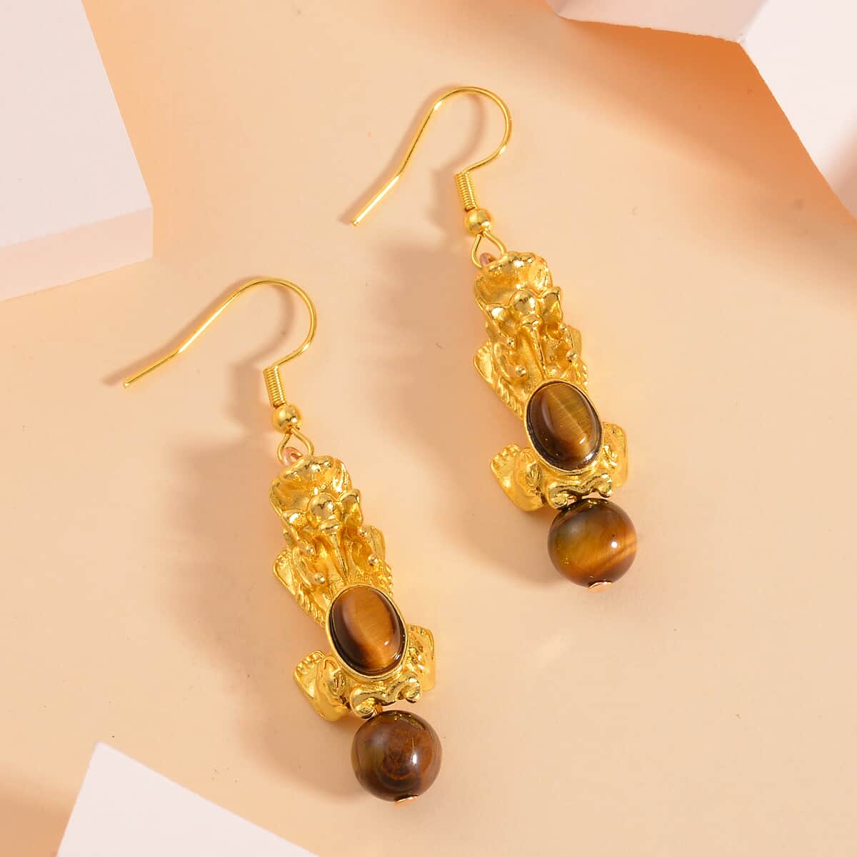 Pixiu Feng Shui Yellow Tigers Eye Earrings in Goldtone and ION Plated YG Stainless Steel 16.25 ctw image number 1