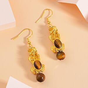Pixiu Feng Shui Yellow Tigers Eye Earrings in Goldtone and ION Plated YG Stainless Steel 16.25 ctw