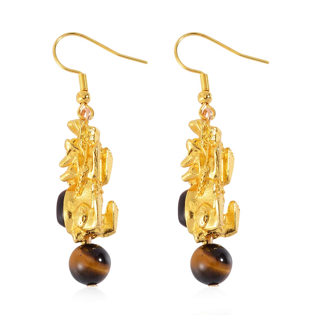 Pixiu Feng Shui Yellow Tigers Eye Earrings in Goldtone and ION Plated YG Stainless Steel 16.25 ctw image number 3