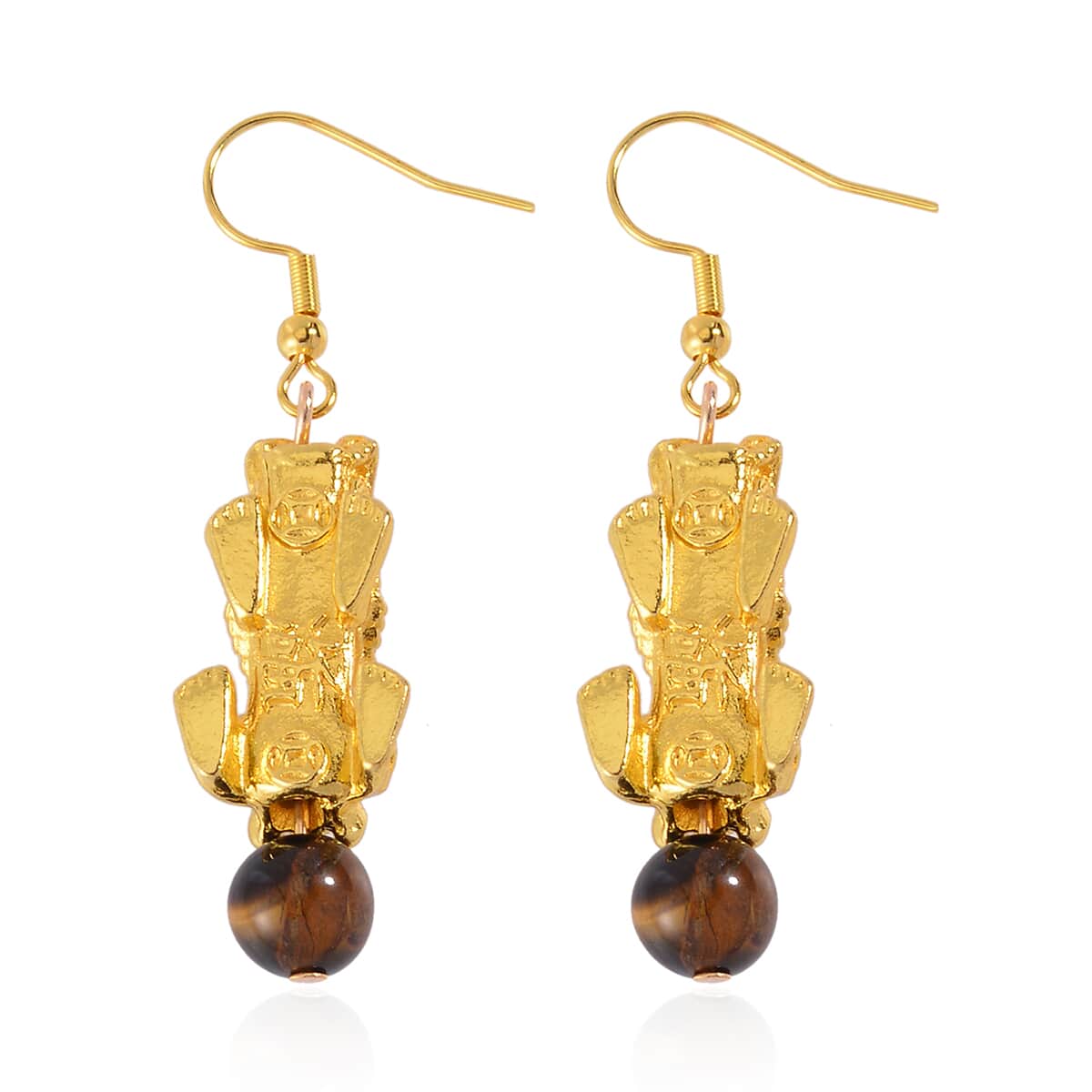 Pixiu Feng Shui Yellow Tigers Eye Earrings in Goldtone and ION Plated YG Stainless Steel 16.25 ctw image number 4