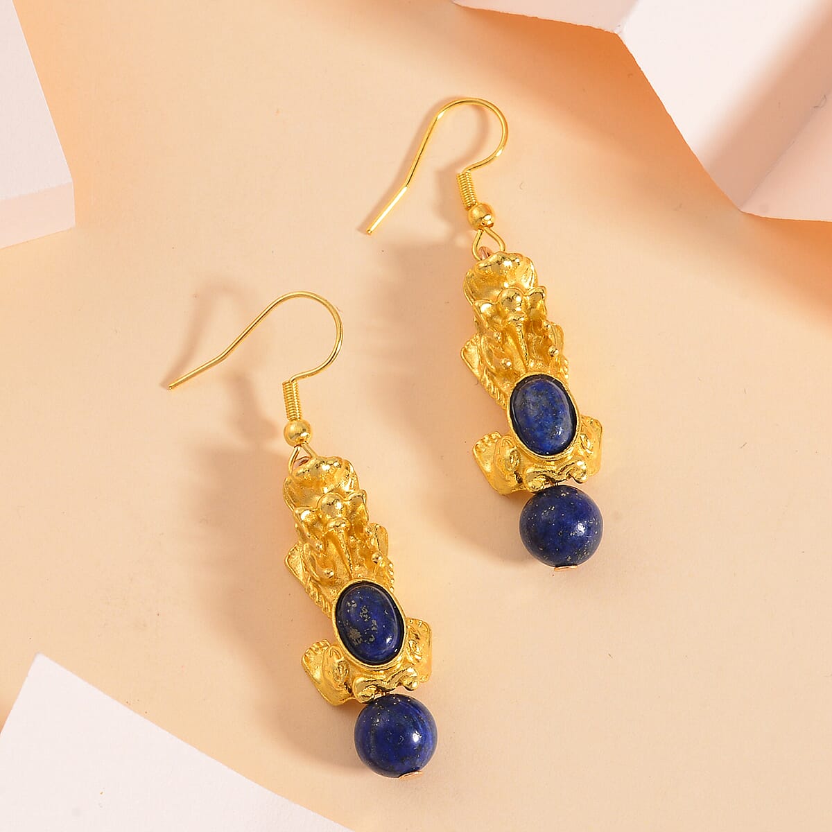 Pixiu Feng Shui Lapis Lazuli 16.25 ctw Earrings in Goldtone and ION Plated YG Stainless Steel image number 1
