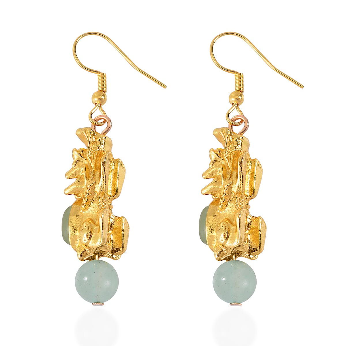 Pixiu Feng Shui Green Aventurine 16.25 ctw Earrings in Goldtone and ION Plated YG Stainless Steel image number 3