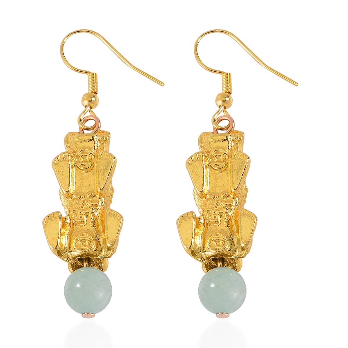 Pixiu Feng Shui Green Aventurine 16.25 ctw Earrings in Goldtone and ION Plated YG Stainless Steel image number 4