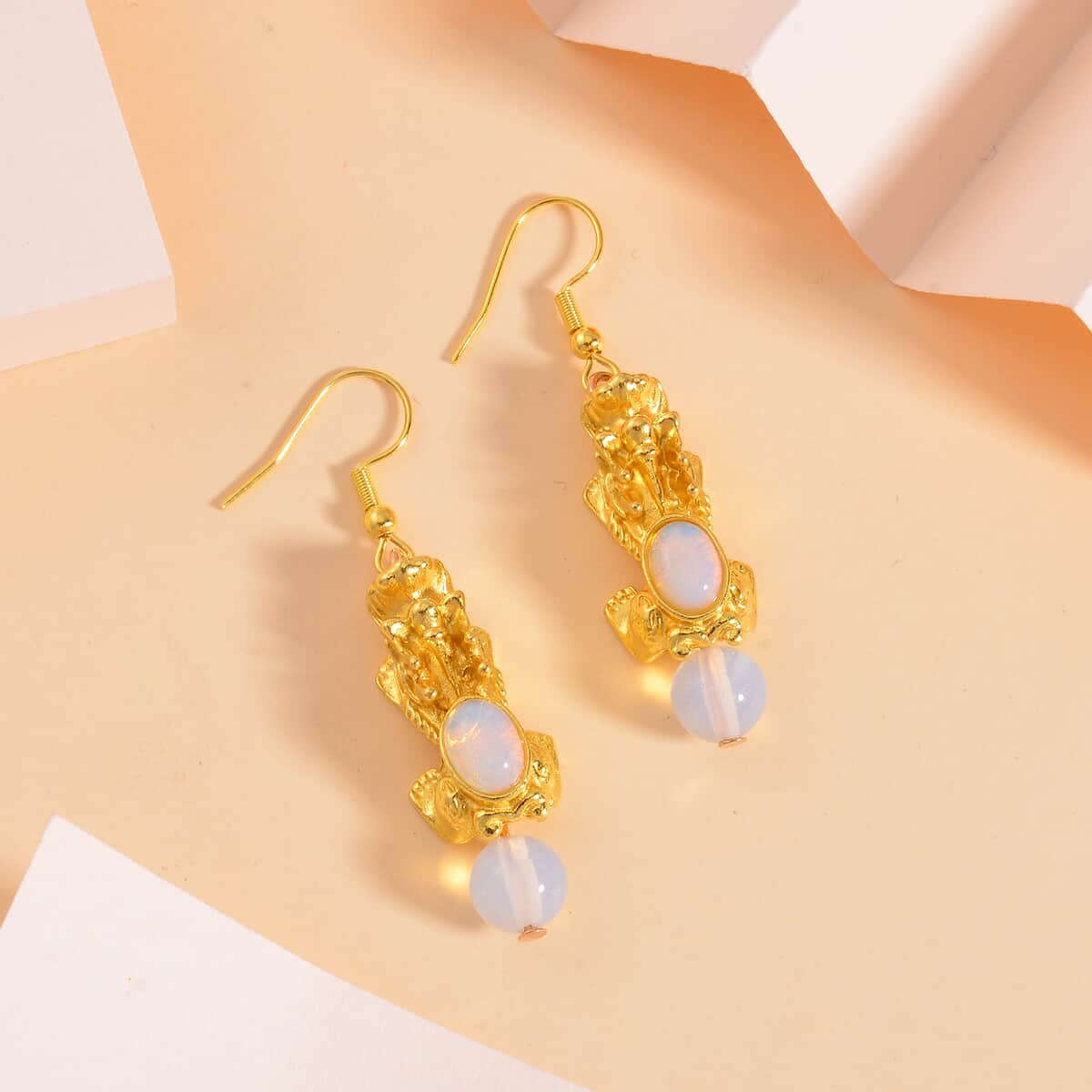 Pixiu Feng Shui Opalite Earrings in Goldtone and ION Plated YG Stainless Steel 16.25 ctw image number 1