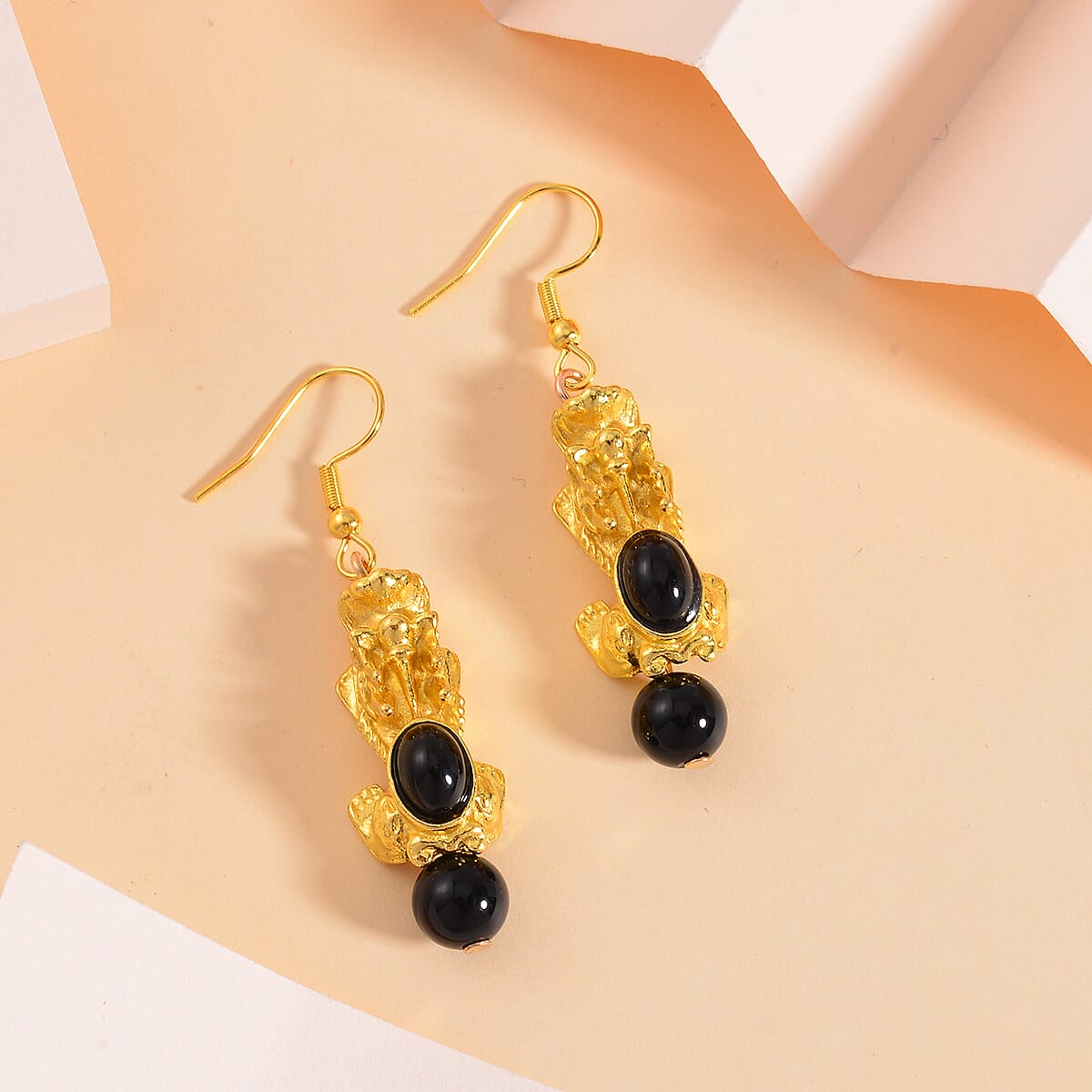 Pixiu Feng Shui Black Obsidian Earrings in Goldtone and ION Plated YG Stainless Steel 16.25 ctw image number 1