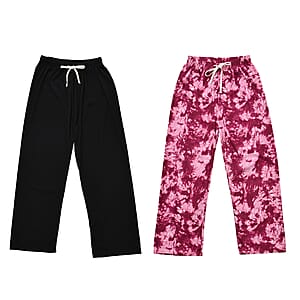 Set of 2 Fuchsia and Black Rib Knit Stretch Lounge Pants - One Size Fits Most