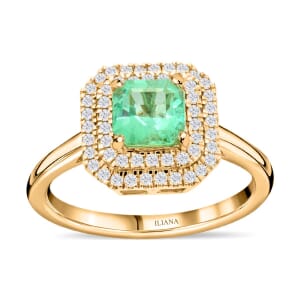 Certified and Appraised Iliana 18K Yellow Gold AAA Boyaca Colombian Emerald and G-H SI Diamond Ring (Size 6.0) 4.35 Grams 1.00 ctw