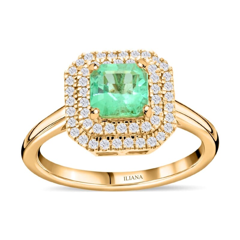Certified and Appraised Iliana 18K Yellow Gold AAA Boyaca Colombian Emerald and G-H SI Diamond Ring (Size 6.0) 4.35 Grams 1.00 ctw