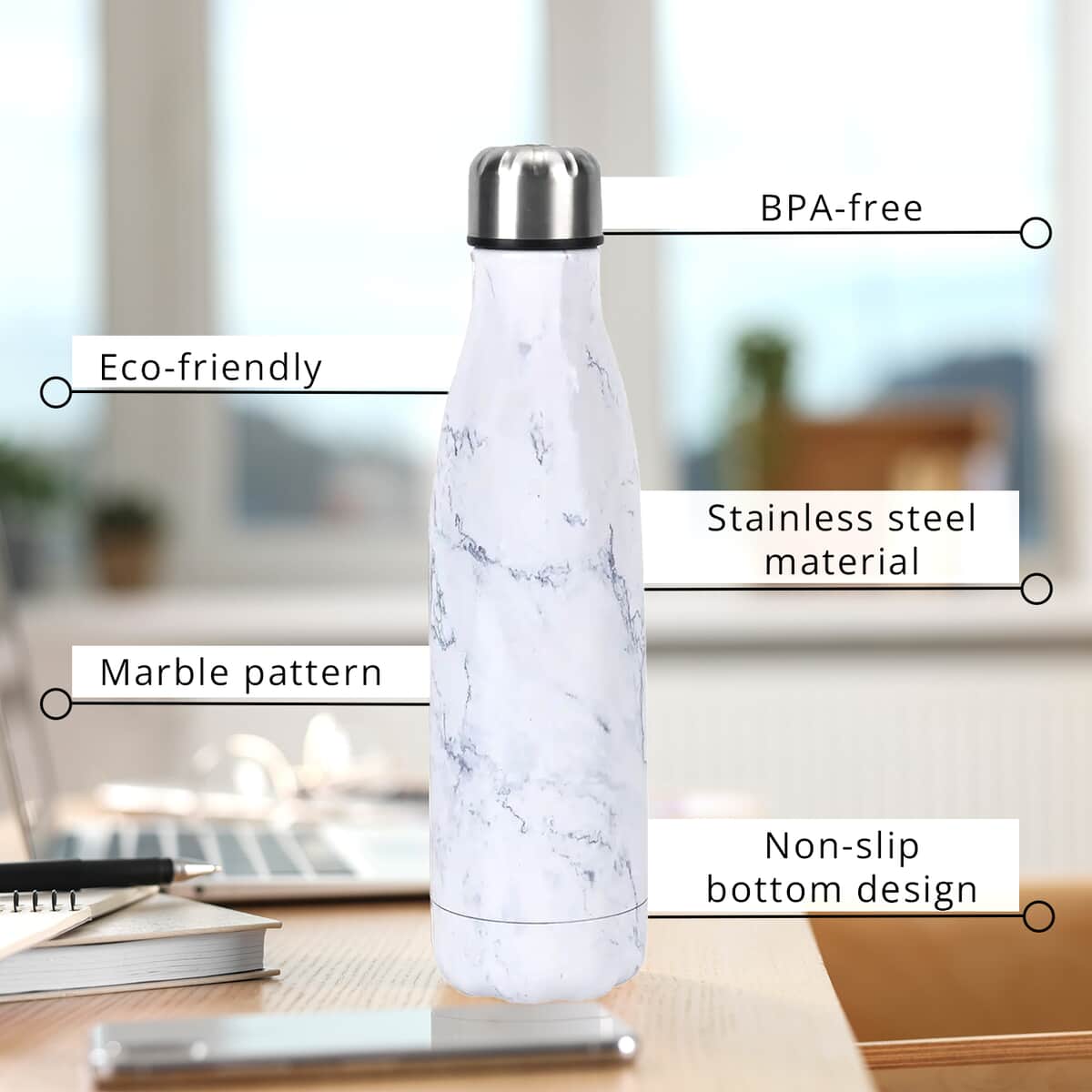 White Marble Pattern Stainless Steel Water Bottle (500 ml) image number 2