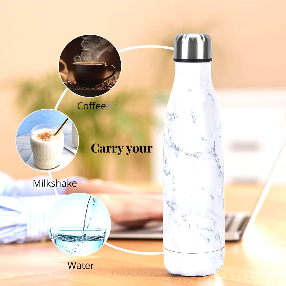 White Marble Pattern Stainless Steel Water Bottle (500 ml) image number 3