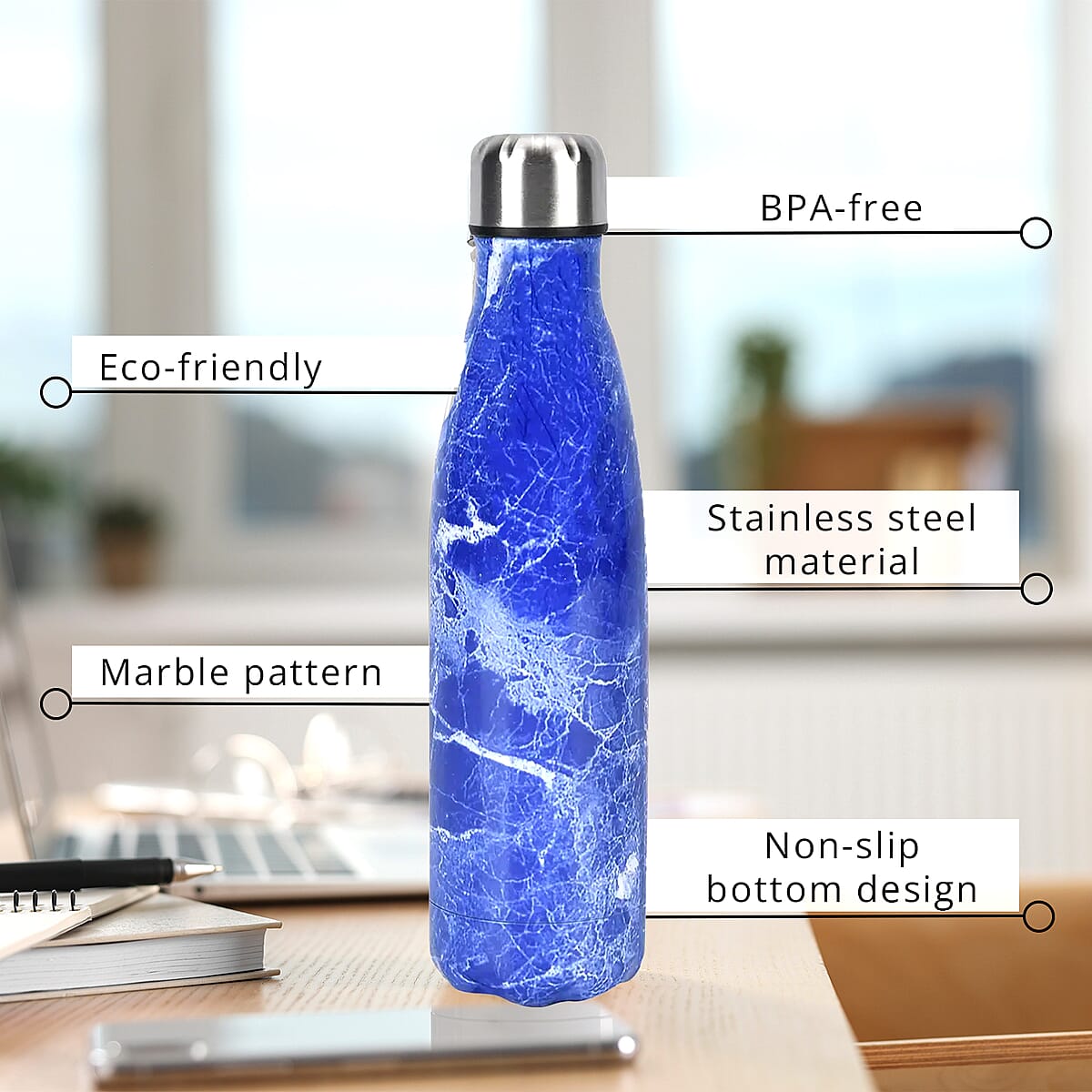 Blue Marble Pattern Stainless Steel Water Bottle (500 ml) image number 2