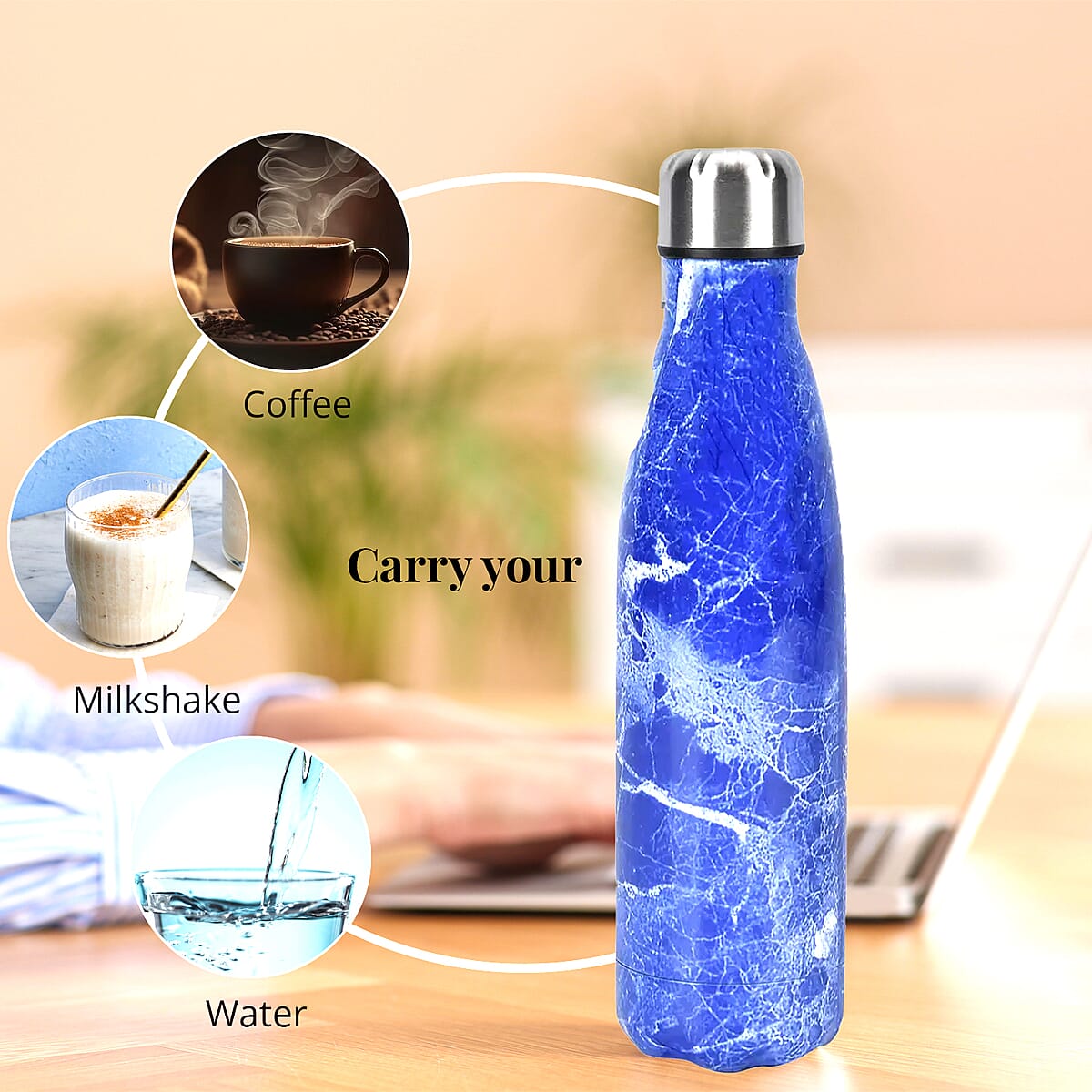 Blue Marble Pattern Stainless Steel Water Bottle (500 ml) image number 3