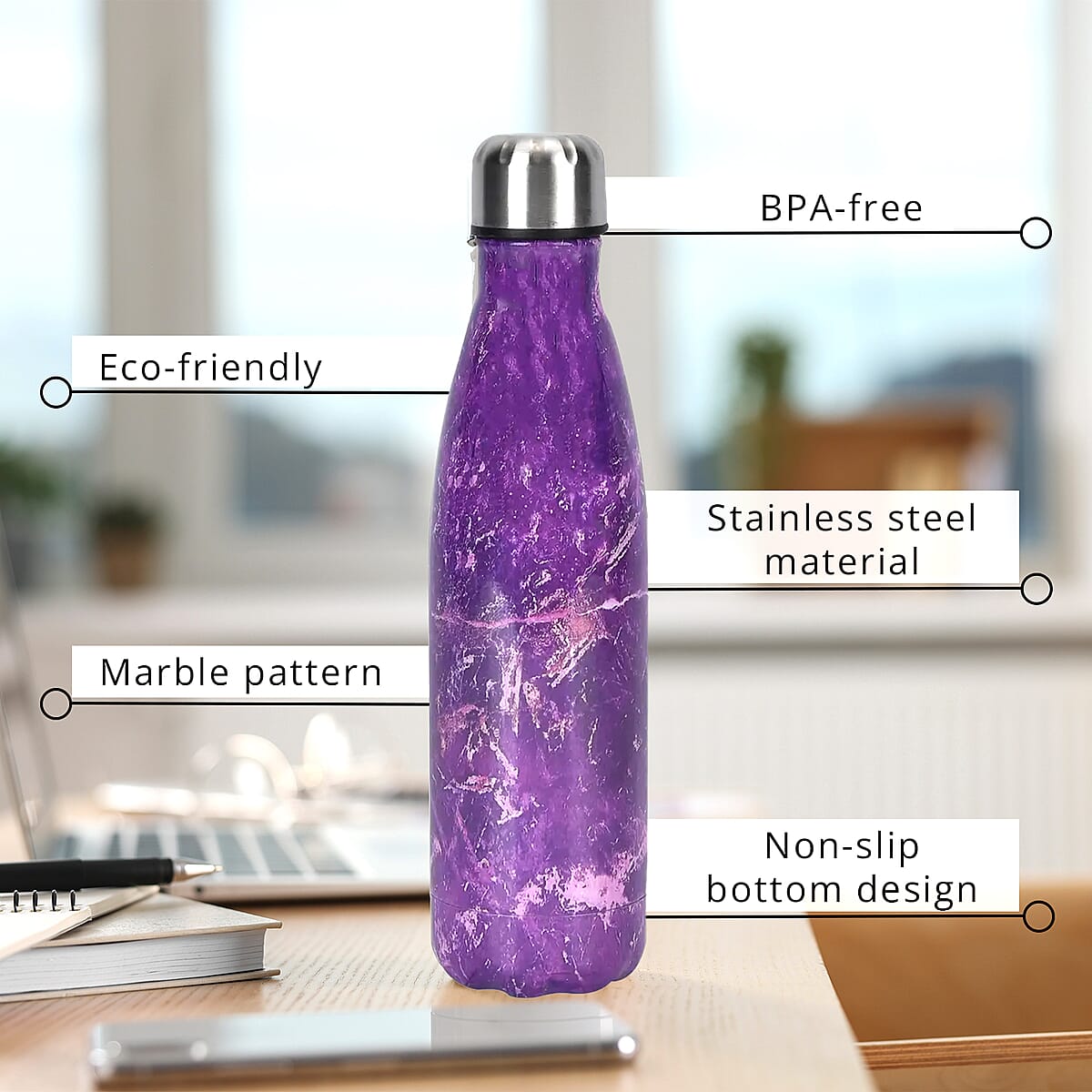 Purple Marble Pattern Stainless Steel Water Bottle (500 ml) image number 2