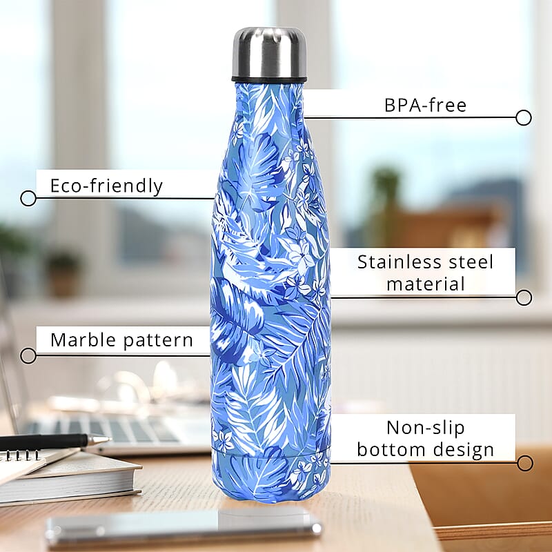 Blue Tropical Leaves Pattern Stainless Steel Water Bottle (500 ml)