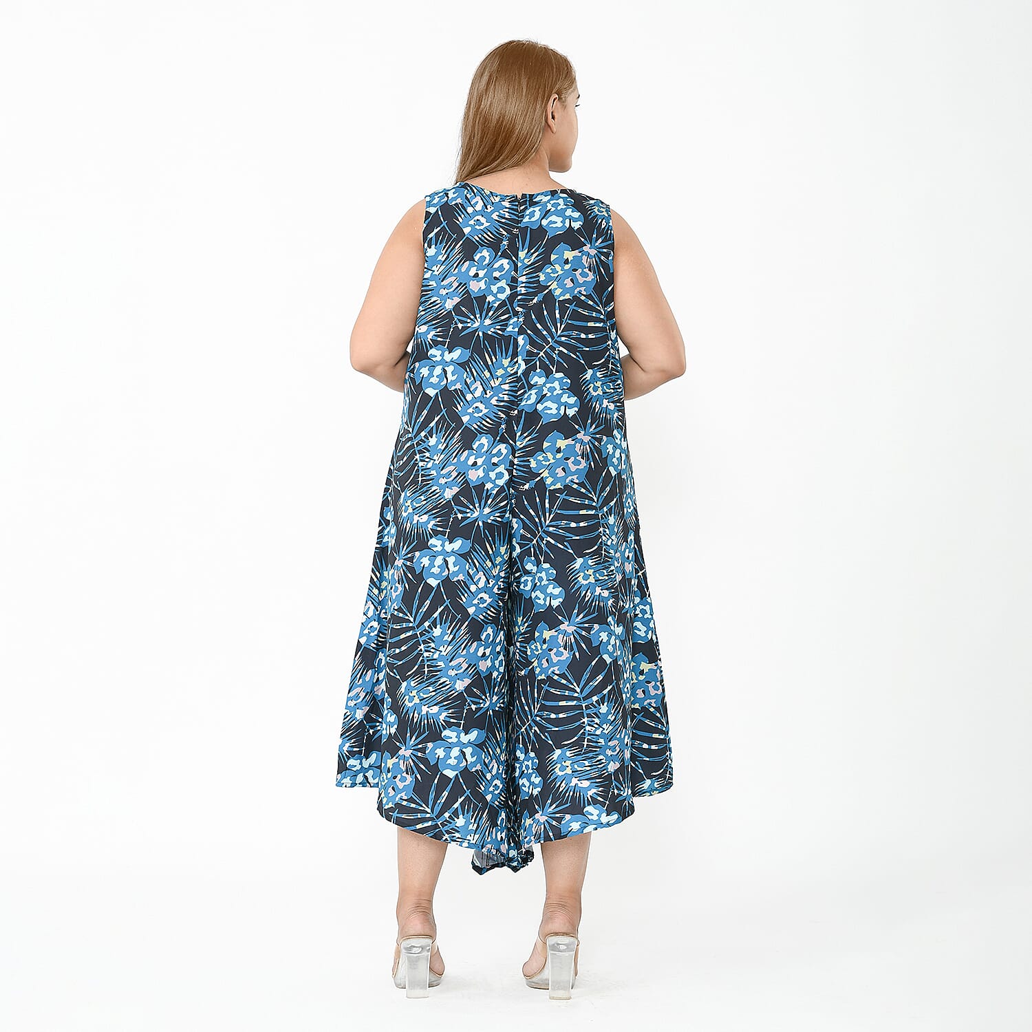 Tamsy Navy Palm Jumpsuit with Back Zipper Closer - M/L