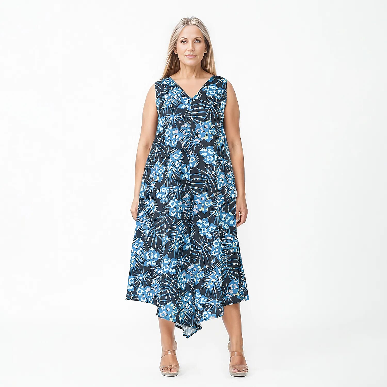 Tamsy Navy Palm Jumpsuit with Back Zipper Closer - M/L