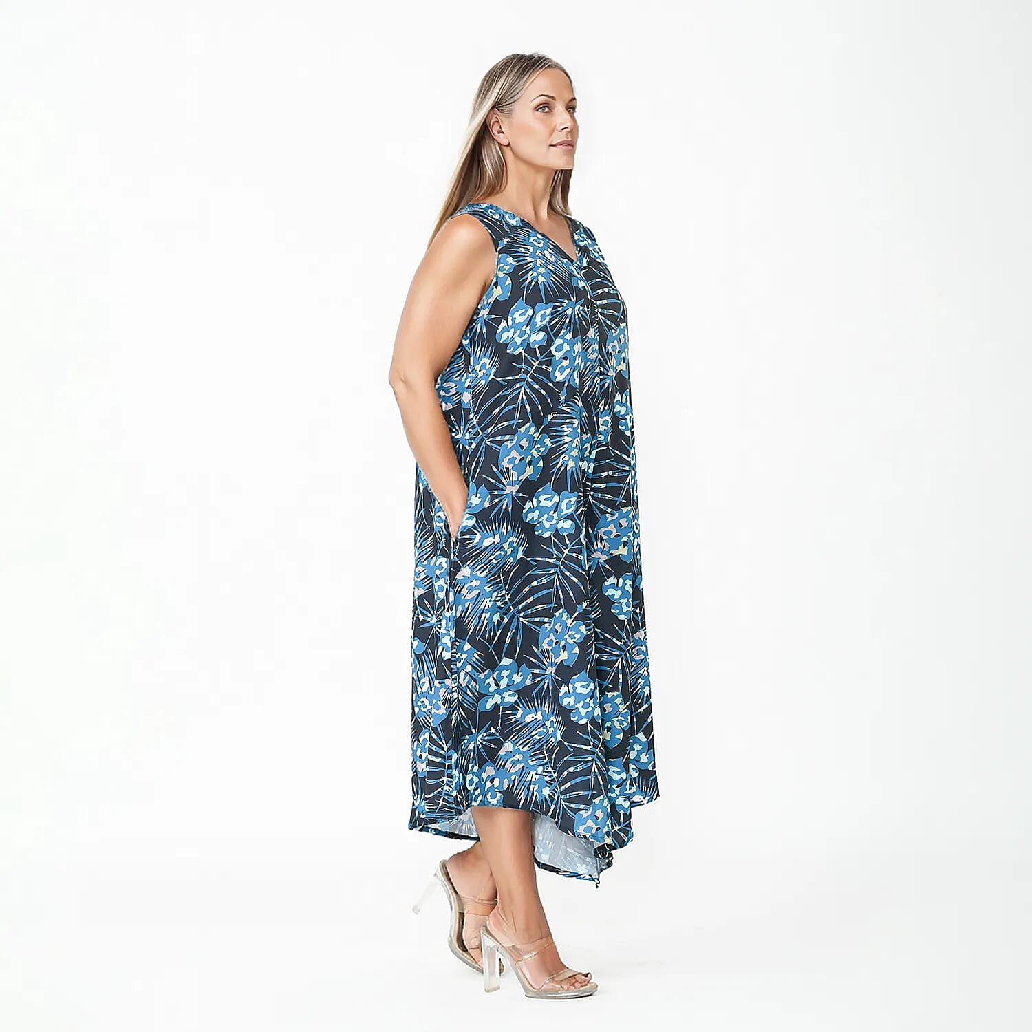 Tamsy Navy Palm Jumpsuit with Back Zipper Closer - M/L