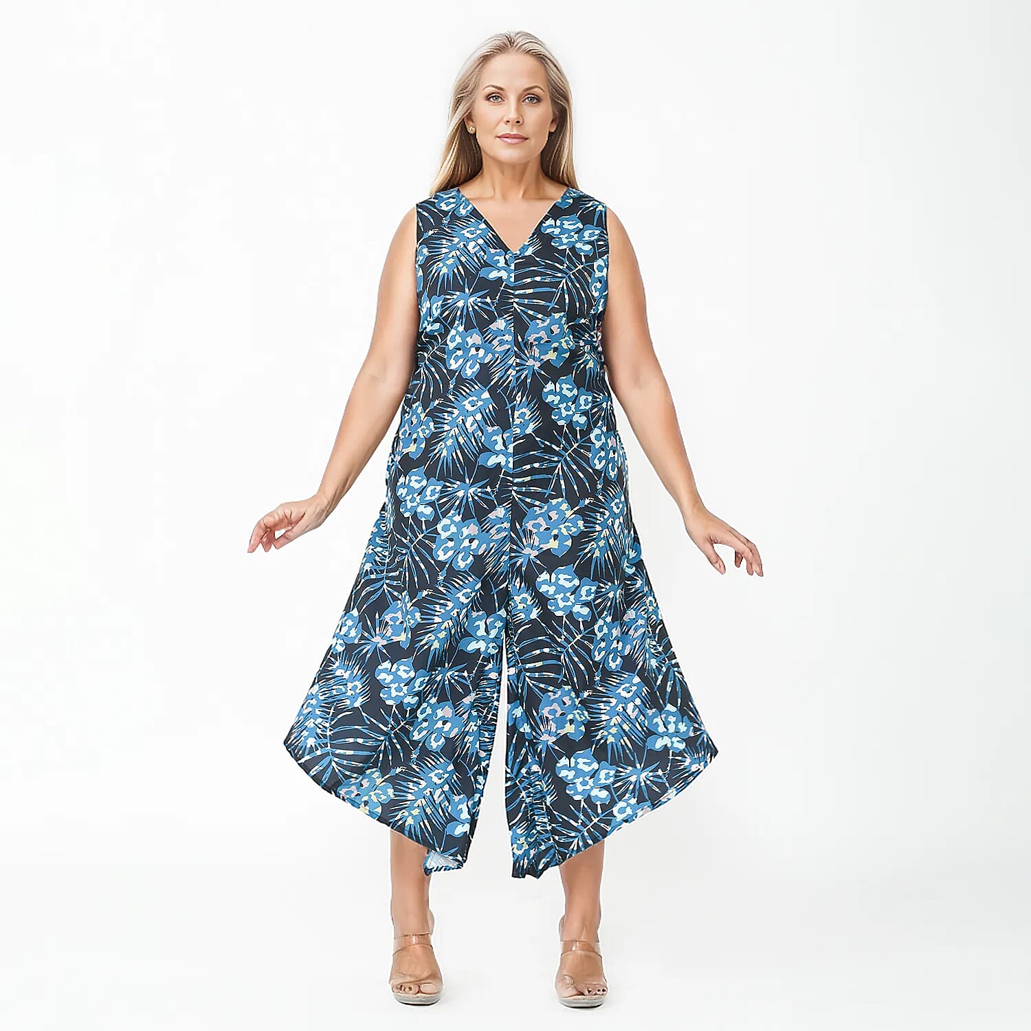 Tamsy Navy Palm Jumpsuit with Back Zipper Closer - M/L