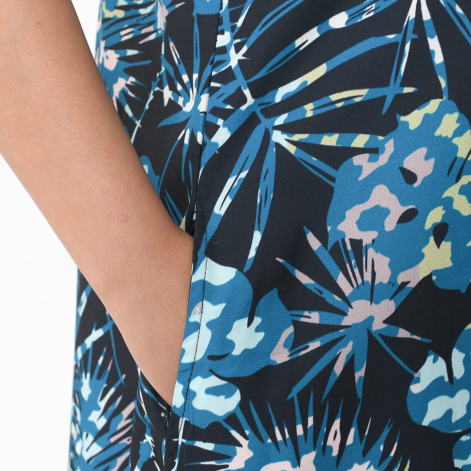 Tamsy Navy Palm Jumpsuit with Back Zipper Closer - M/L