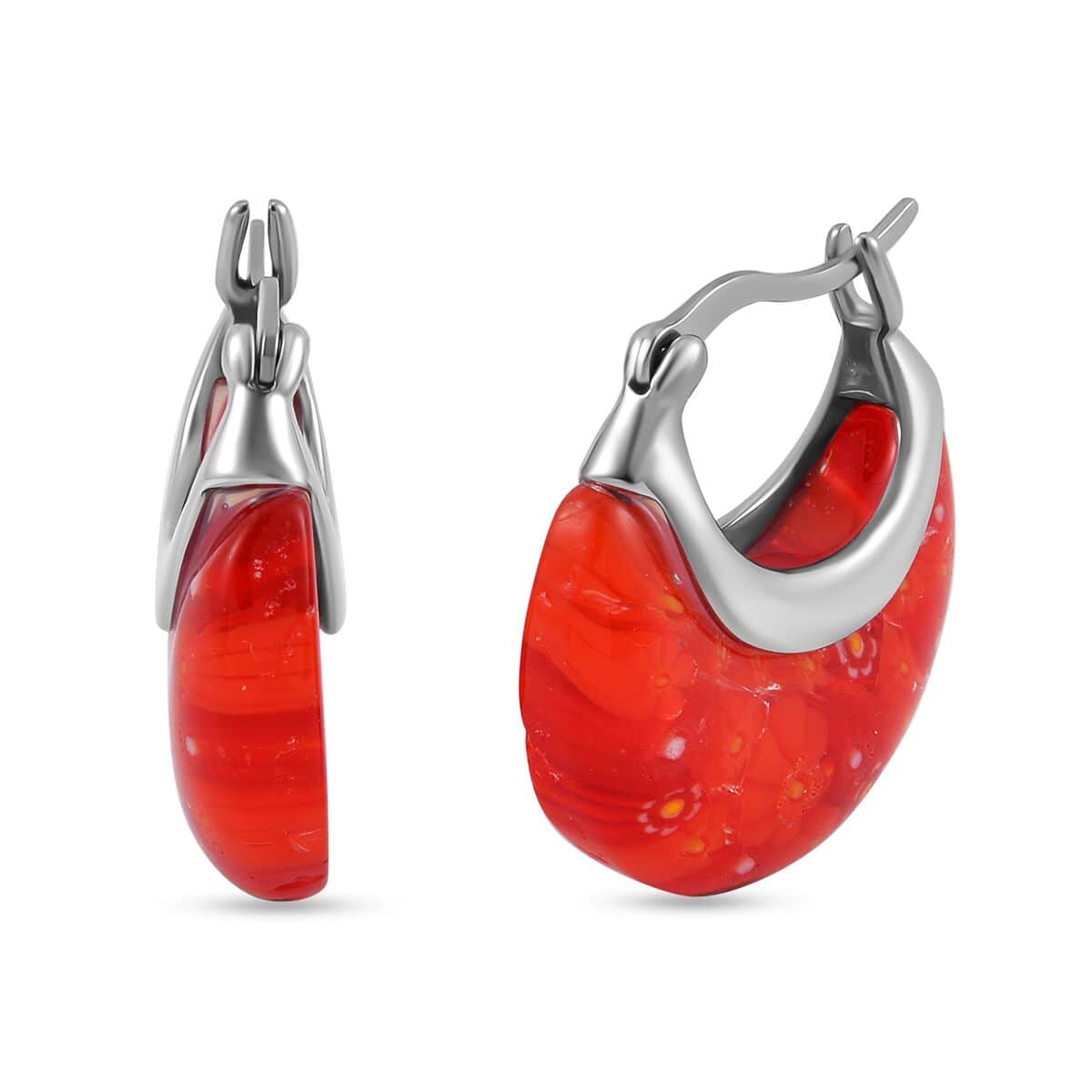 Red Color Murano Glass Hoop Earrings in Stainless Steel image number 0