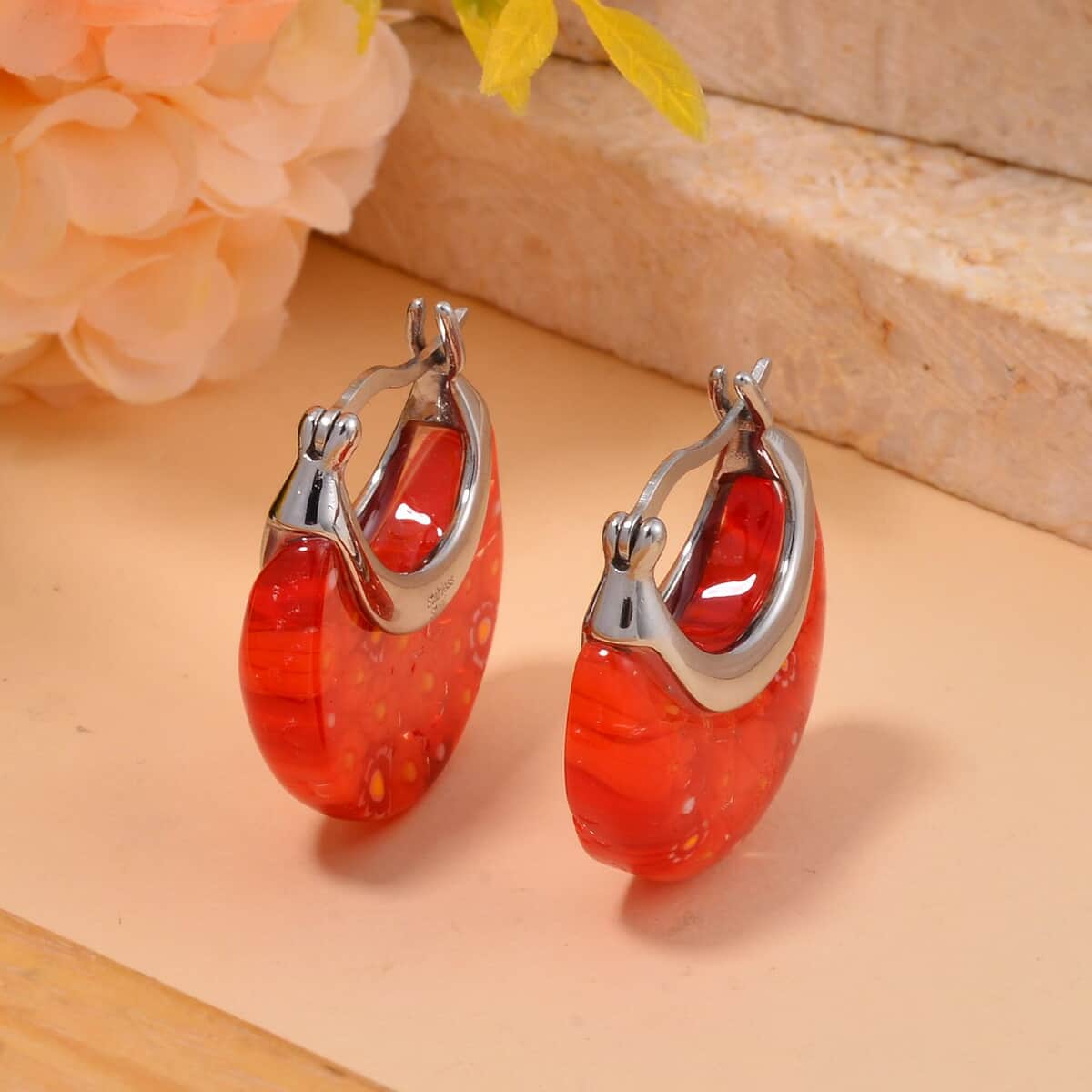 Red Color Murano Glass Hoop Earrings in Stainless Steel image number 1