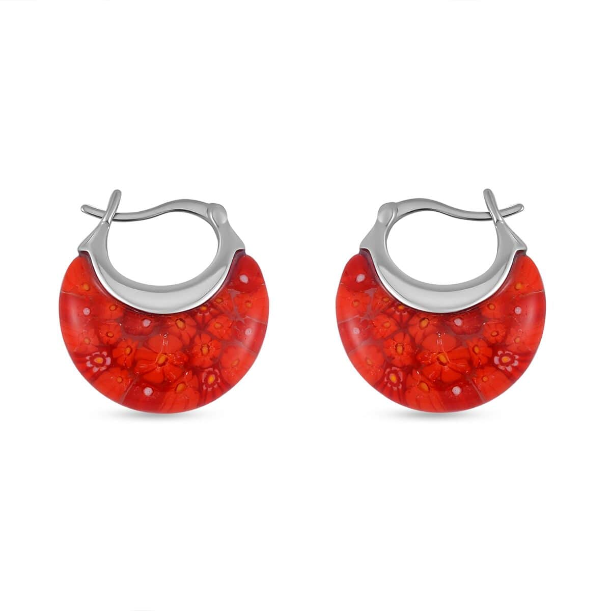Red Color Murano Glass Hoop Earrings in Stainless Steel image number 3