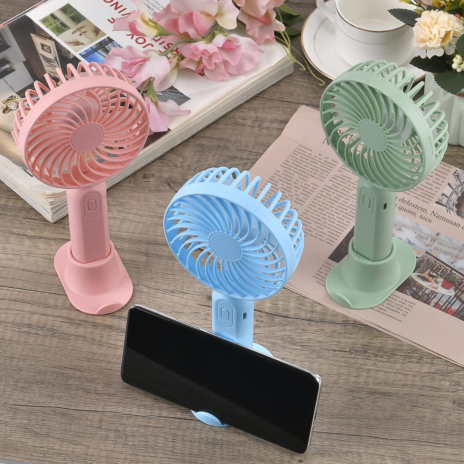 Set of 3 Handheld Fans with Base, 3 Adjustable Speed Mode and USB Charging (3.7W, 2A)