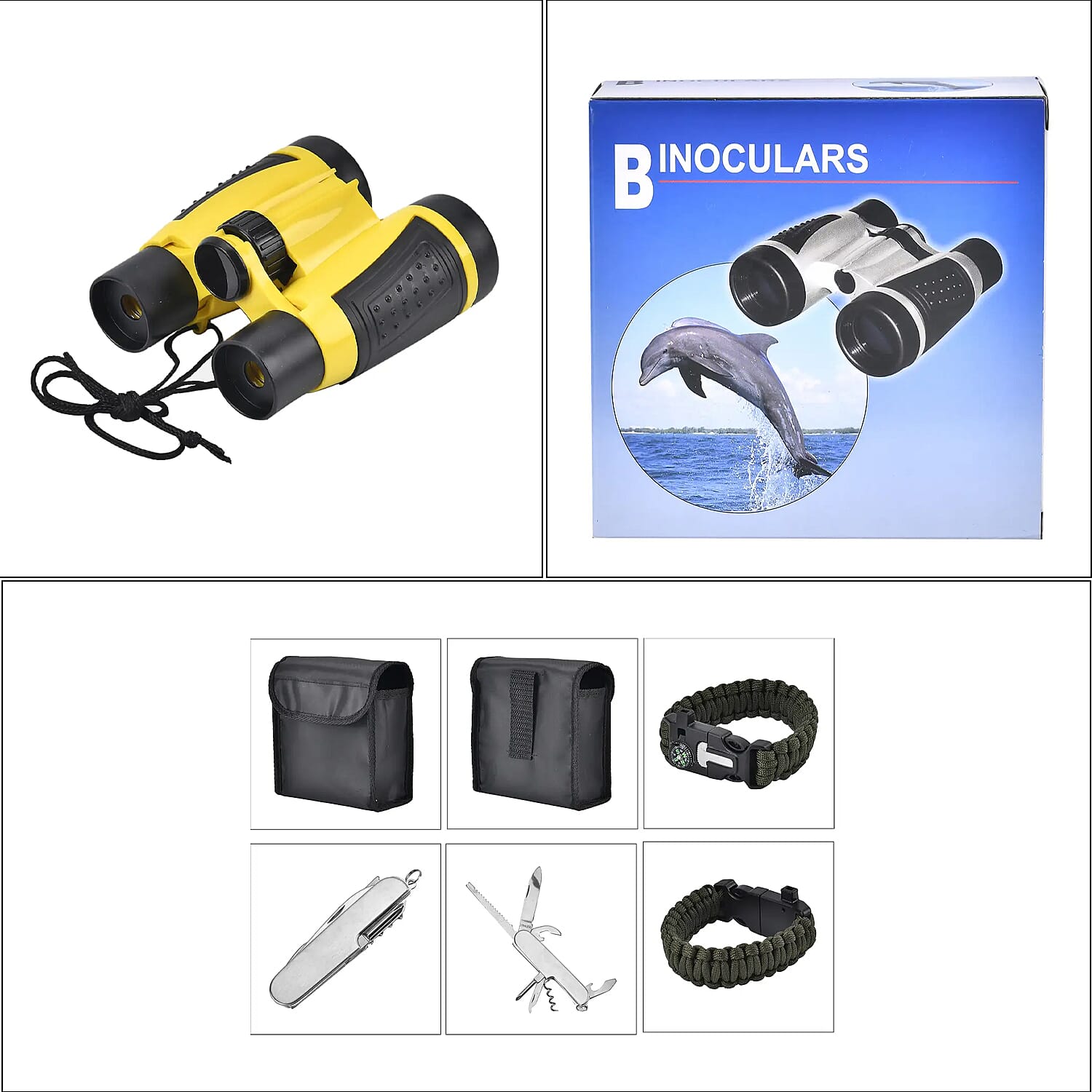 3pcs Set Emergency Survival Kits: Included Telescope, 4-in-1 Survival Bracelet and 6-in-1 Multifunctional Knife - Yellow