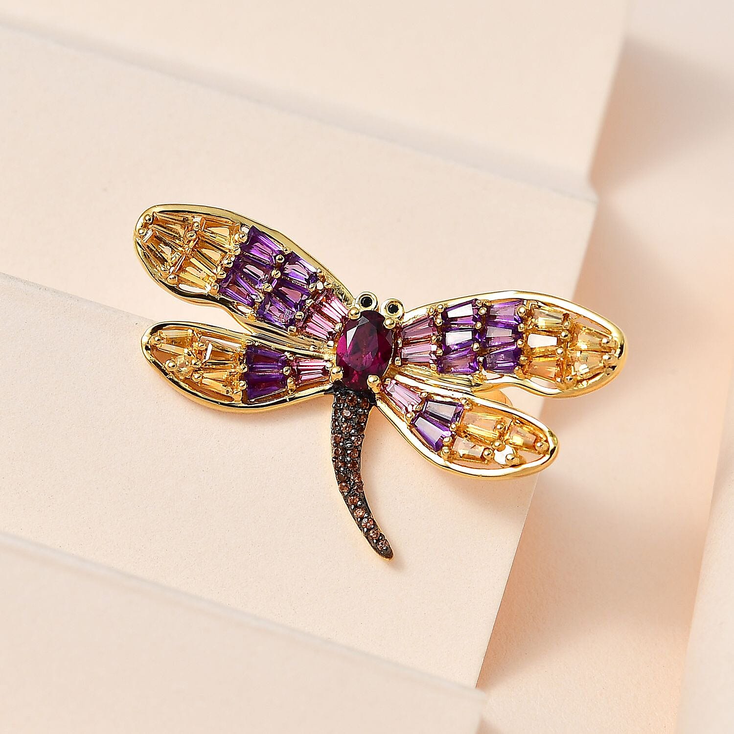 GP Trionfo Collection Premium Orissa Rhodolite Garnet and Multi Gemstone Dragonfly Ring in Vermeil Yellow Gold Over Sterling Silver (Size 10.0) 3.00 ctw