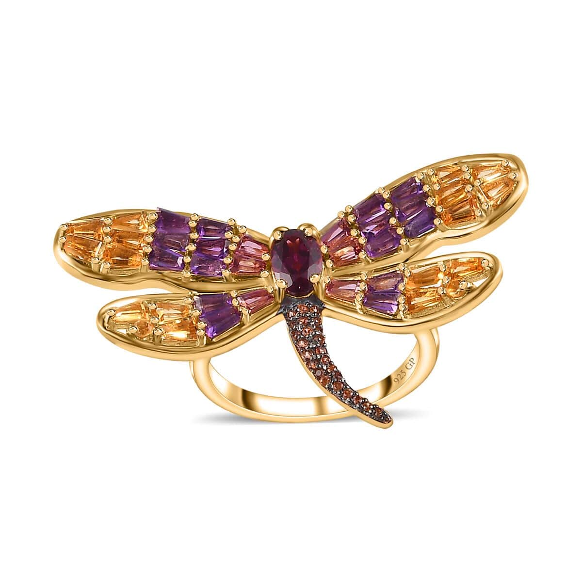 GP Trionfo Collection Premium Orissa Rhodolite Garnet and Multi Gemstone 3.00 ctw Dragonfly Ring in Vermeil Yellow Gold Over Sterling Silver (Size 5.0) image number 0