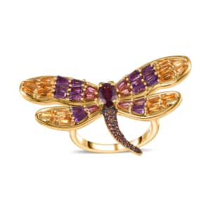 GP Trionfo Collection Premium Orissa Rhodolite Garnet and Multi Gemstone Dragonfly Ring in Vermeil Yellow Gold Over Sterling Silver (Size 5.0) 3.00 ctw