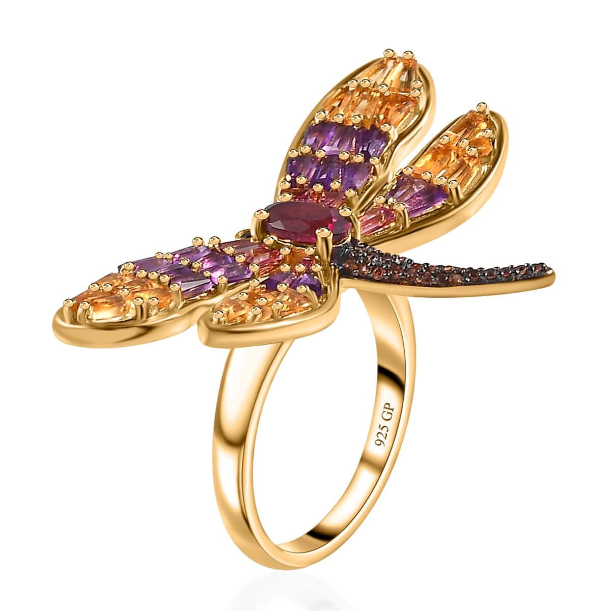 GP Trionfo Collection Premium Orissa Rhodolite Garnet and Multi Gemstone 3.00 ctw Dragonfly Ring in Vermeil Yellow Gold Over Sterling Silver (Size 5.0) image number 3