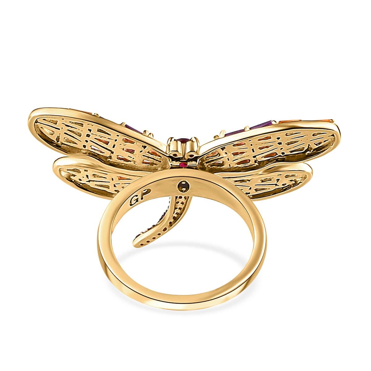 GP Trionfo Collection Premium Orissa Rhodolite Garnet and Multi Gemstone 3.00 ctw Dragonfly Ring in Vermeil Yellow Gold Over Sterling Silver (Size 5.0) image number 4