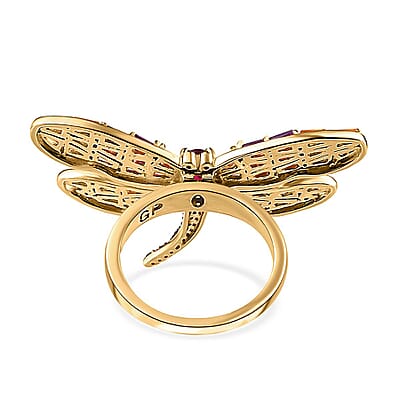 GP Trionfo Collection Premium Orissa Rhodolite Garnet and Multi Gemstone 3.00 ctw Dragonfly Ring in Vermeil Yellow Gold Over Sterling Silver (Size 5.0)