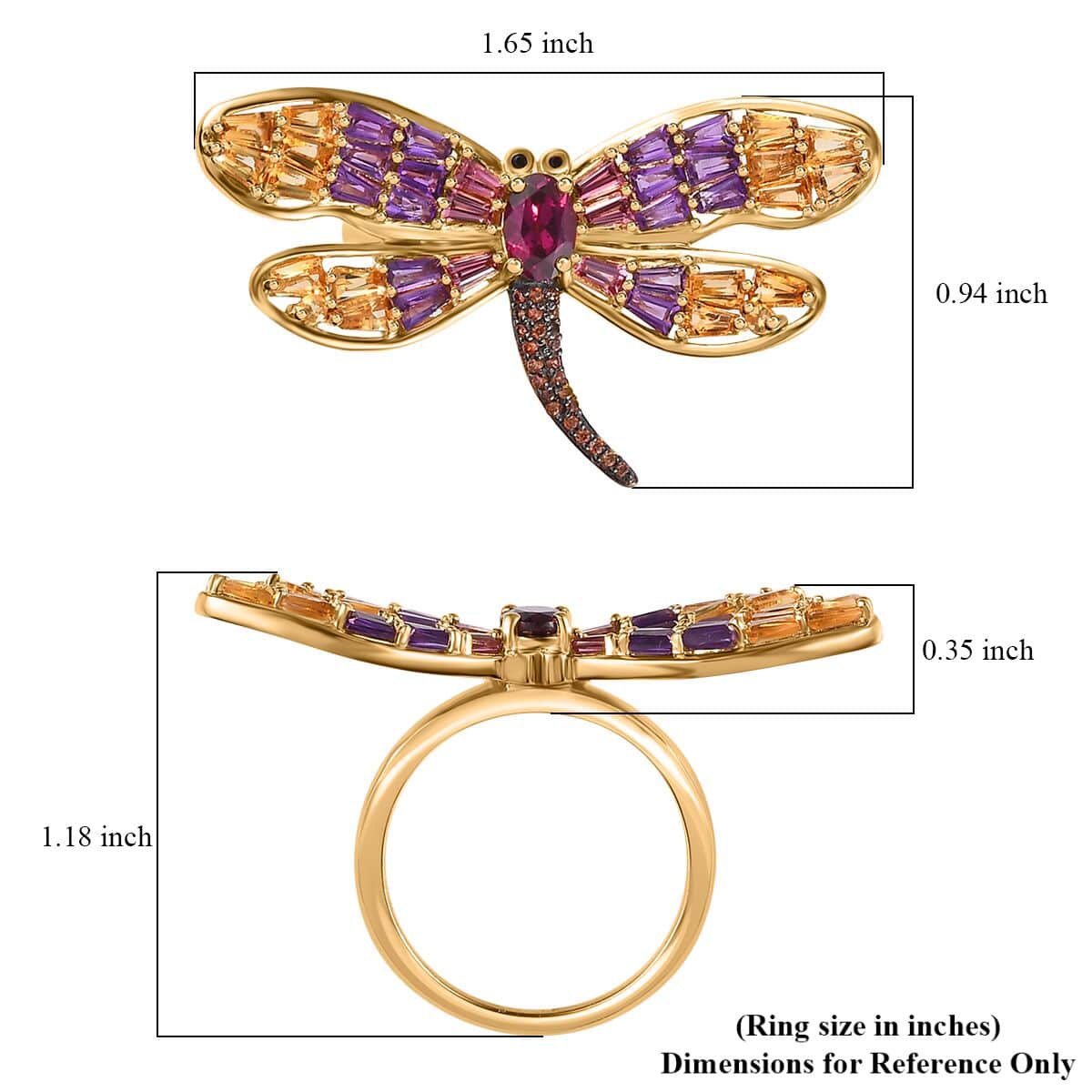 GP Trionfo Collection Premium Orissa Rhodolite Garnet and Multi Gemstone 3.00 ctw Dragonfly Ring in Vermeil Yellow Gold Over Sterling Silver (Size 5.0) image number 5