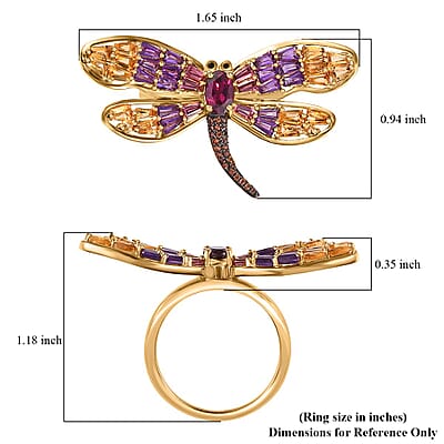 GP Trionfo Collection Premium Orissa Rhodolite Garnet and Multi Gemstone 3.00 ctw Dragonfly Ring in Vermeil Yellow Gold Over Sterling Silver (Size 5.0)