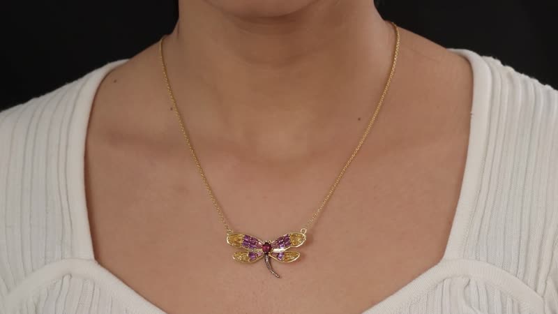 GP Trionfo Collection Premium Orissa Rhodolite Garnet and Multi Gemstone Dragonfly Necklace 18 Inches in Vermeil Yellow Gold Over Sterling Silver 3.00 ctw