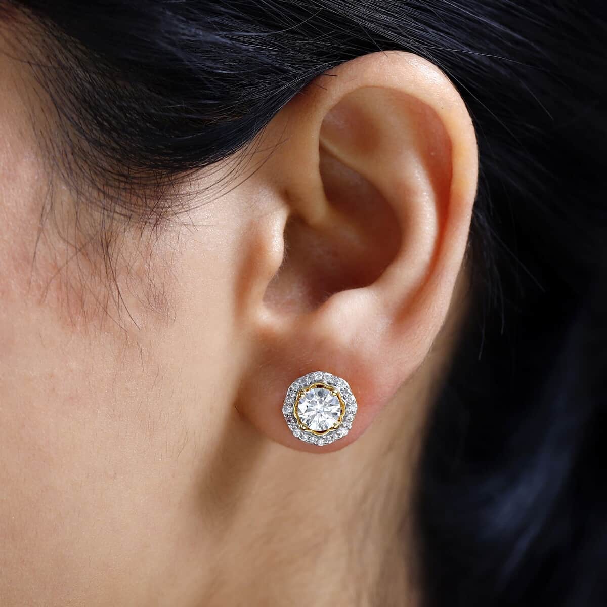 Moissanite Floral Stud Earrings in Vermeil Yellow Gold Over Sterling Silver 1.85 ctw image number 2