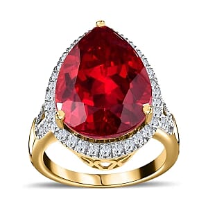Lab Created Padparadscha Sapphire and White Zircon 16.76 ctw Ring in Vermeil Yellow Gold Over Sterling Silver (Size 10)