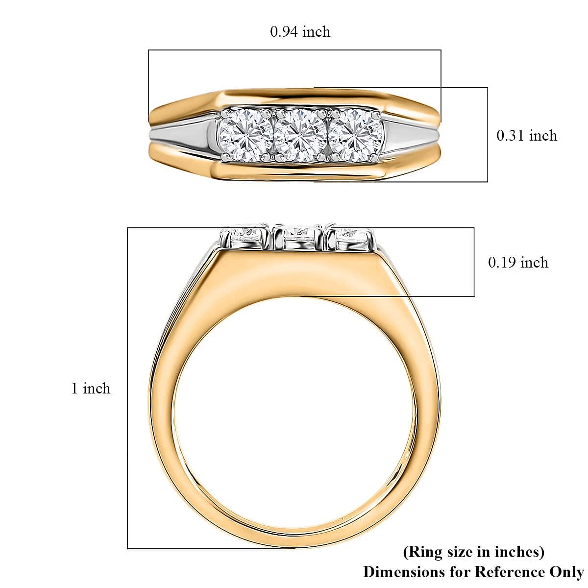 Moissanite Men's Ring in Platinum and Vermeil Yellow Gold Over Sterling Silver (Size 10.0) 0.65 ctw