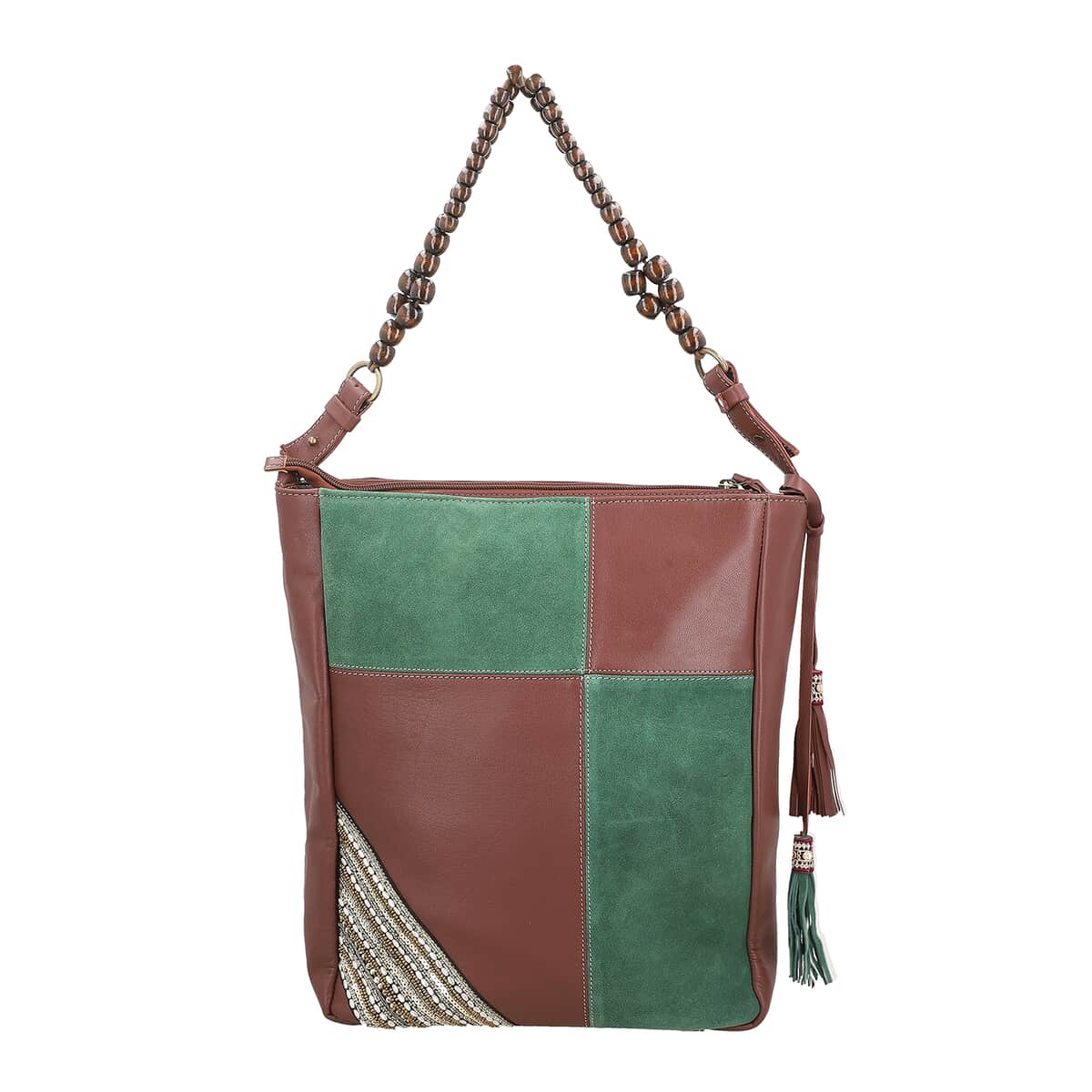 "100% Genuine leather embellishment tote bag SIZE: 11.42(L)x3.94(W)x14.56(H) inches COLOR: Brown/Green" image number 0