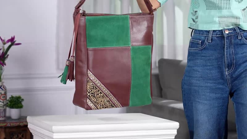 "100% Genuine leather embellishment tote bag SIZE: 11.42(L)x3.94(W)x14.56(H) inches COLOR: Brown/Green"